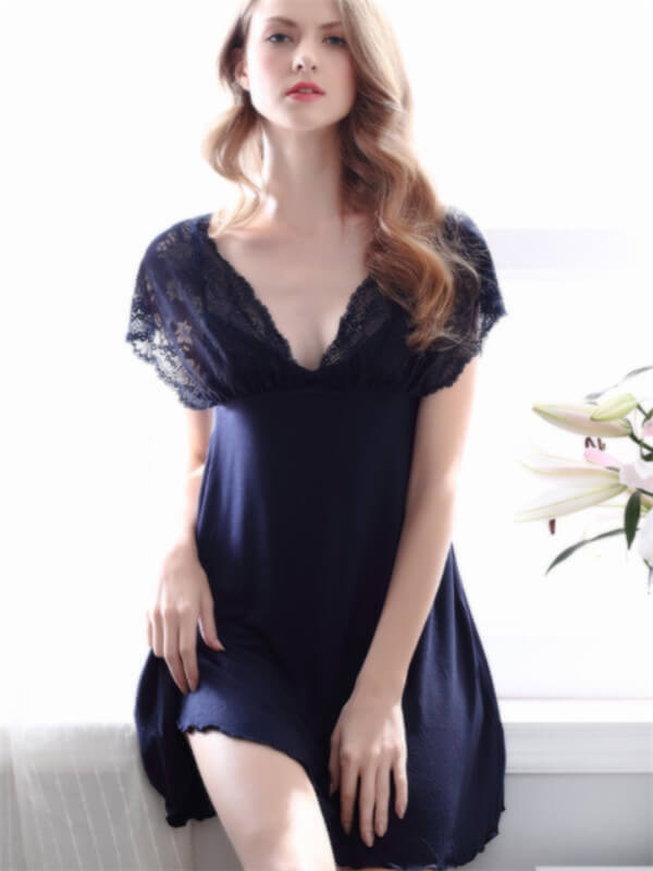 Sleepwear-Model Sexy Lace Hollow Out Sleepwear-Navy-Front