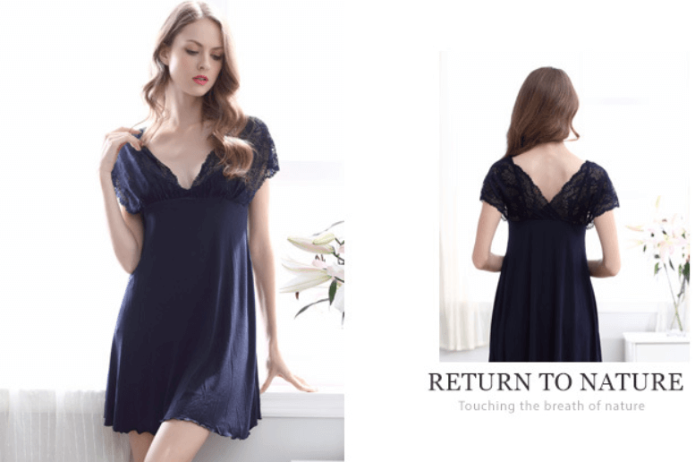 Sleepwear-Model Sexy Lace Hollow Out Sleepwear-Navy-Front&Back