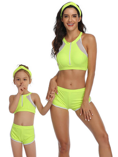 Mommy And Me Matching Bikinis-sporty zipper up mom and me bikinis-Fluorescent Green-front