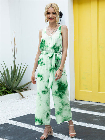 Tie-Dye shaped waist jumpsuit-green-front