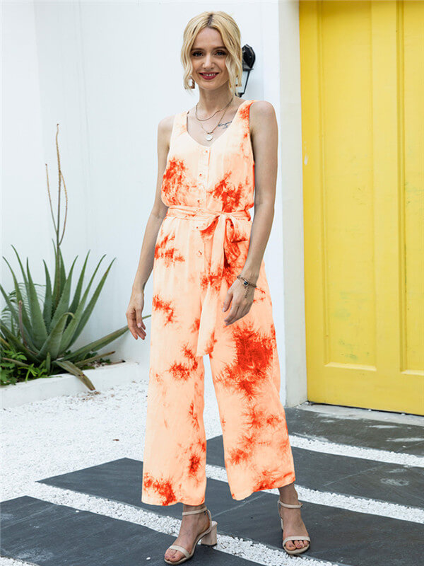 Tie-Dye shaped waist jumpsuit-orange-front