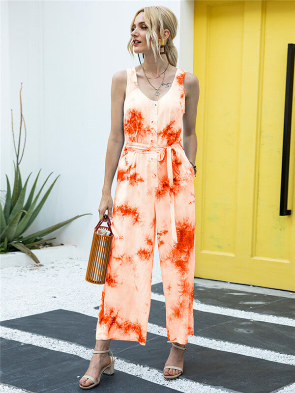 Tie-Dye shaped waist jumpsuit-orange-front1