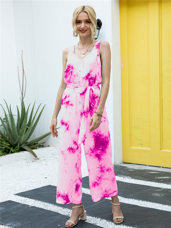 Tie-Dye shaped waist jumpsuit-pink-front