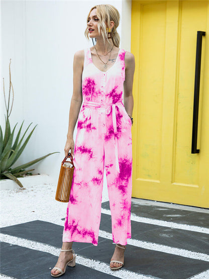 Tie-Dye shaped waist jumpsuit-pink-front1