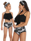 Mommy And Me Matching Bikinis-tiered ruffle hem top mommy and me amtching bikinis-black-front1