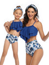Mommy And Me Matching Bikinis-tiered ruffle hem top mommy and me amtching bikinis-blue-front