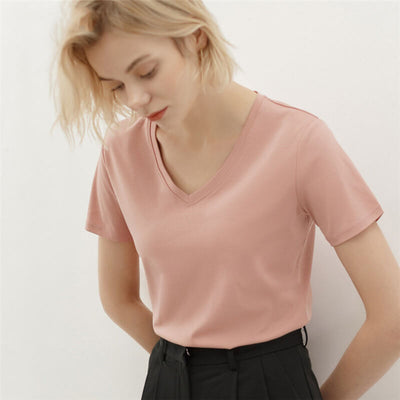 Cotton t shirt-v neck cotton t shirt-pink-front1